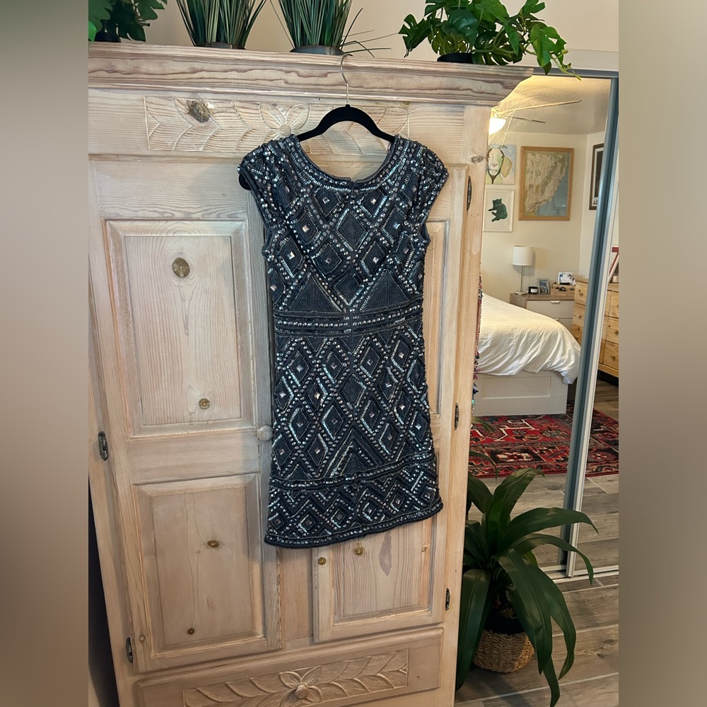 Adrianna Papell Cap Sleeve Geo Bead Sheath Dress